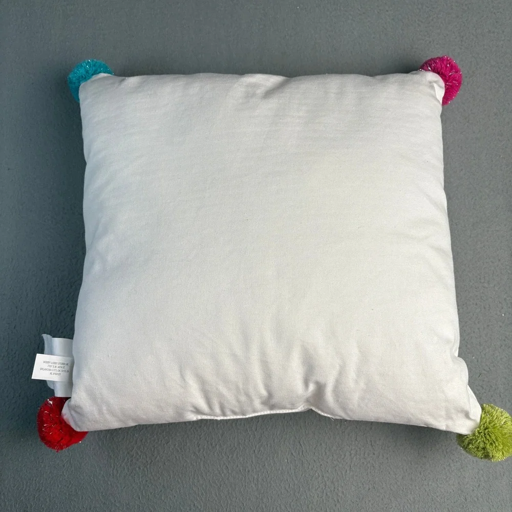 Hobby Lobby Christmas Ho Ho Ho Throw Pillow Colorful Pom Poms White HL 9164121